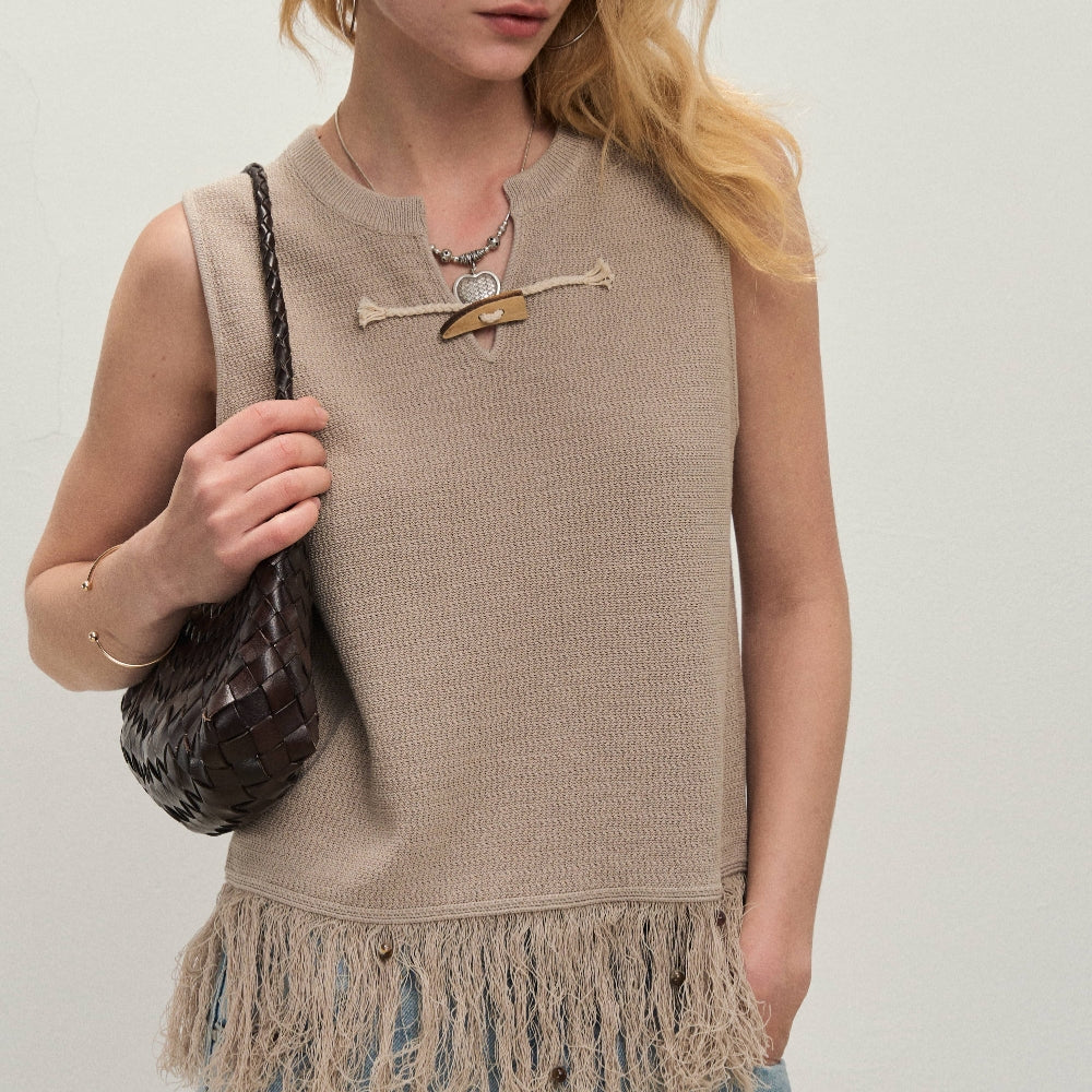 Dpercent丨Natural wooden horn button tassel vest beige sleeveless top