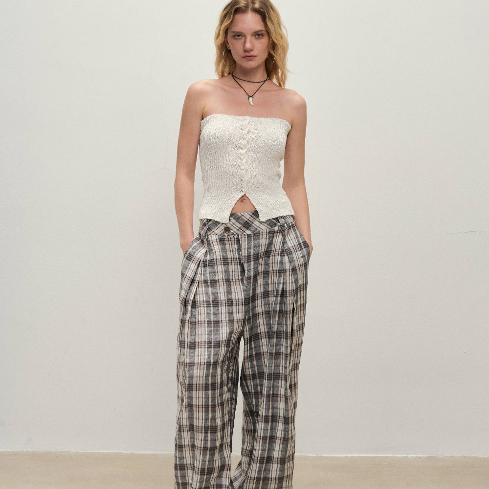 Dpercent丨Linen yarn-dyed fabric double-layer splicing silhouette wide-leg plaid pants