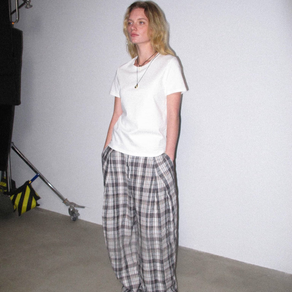Dpercent丨Linen yarn-dyed fabric double-layer splicing silhouette wide-leg plaid pants