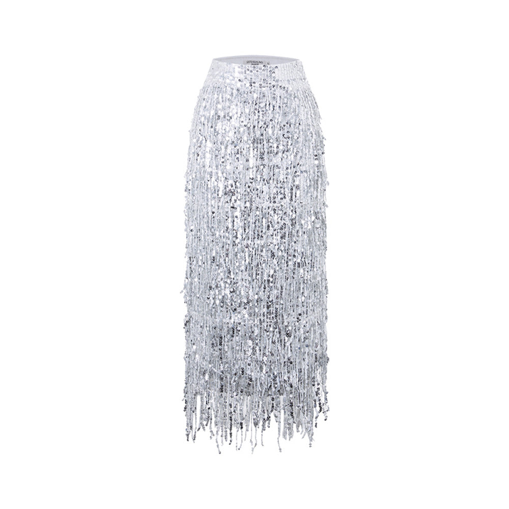 SSPARKLING heavy-duty skirt women's silver evening dress long skirt