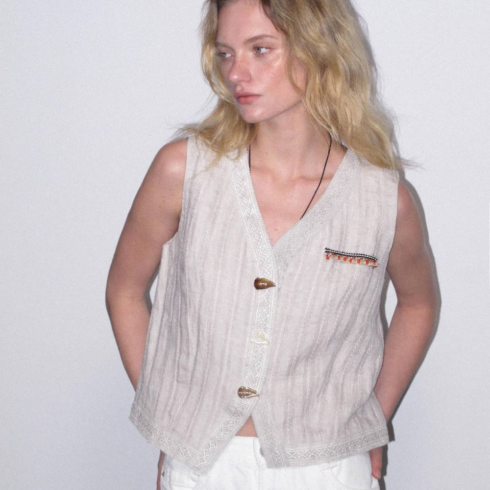 Dpercent丨Natural linen jacquard texture v-neck vest sleeveless top