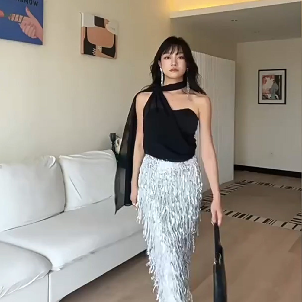 SSPARKLING heavy-duty skirt women's silver evening dress long skirt