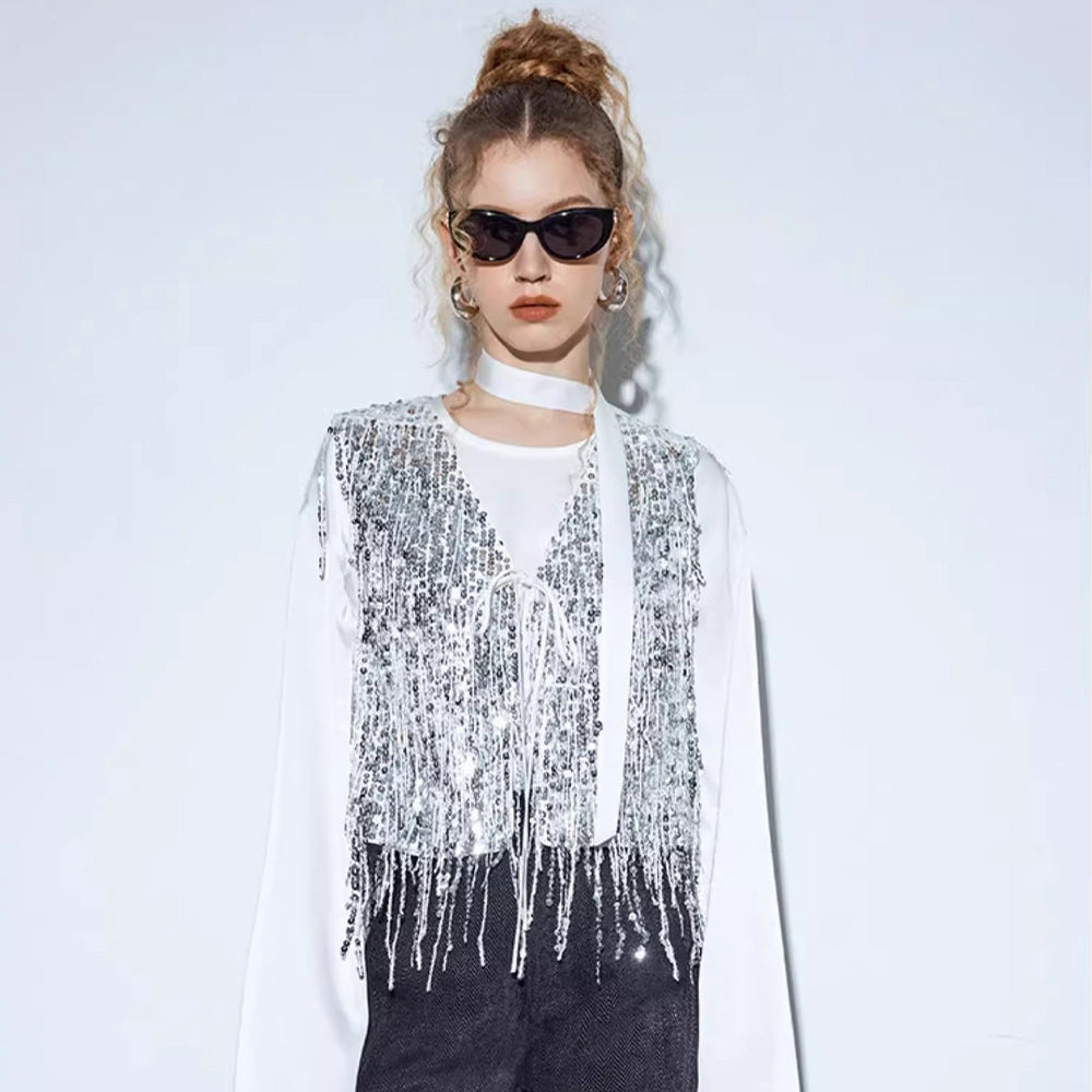 SSPARKLING Super Flash Heavy Tassel Sequined Vest Jacket for Women