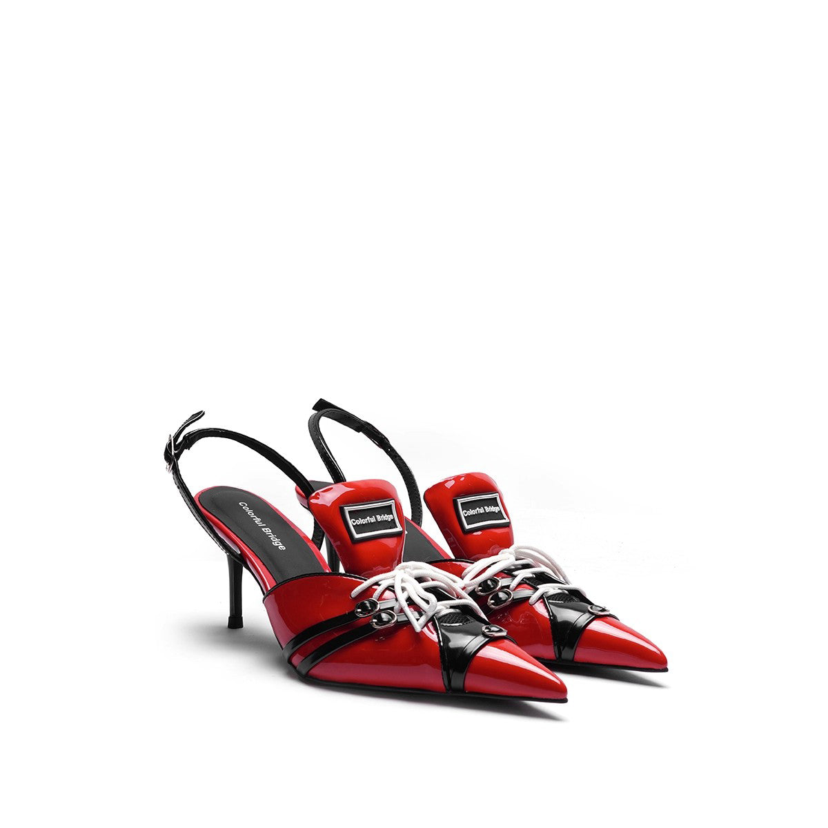 Colorful Bridge丨F1 Racing Series Designer Sports High Heels Pointed Toe Patent Leather Sandals
