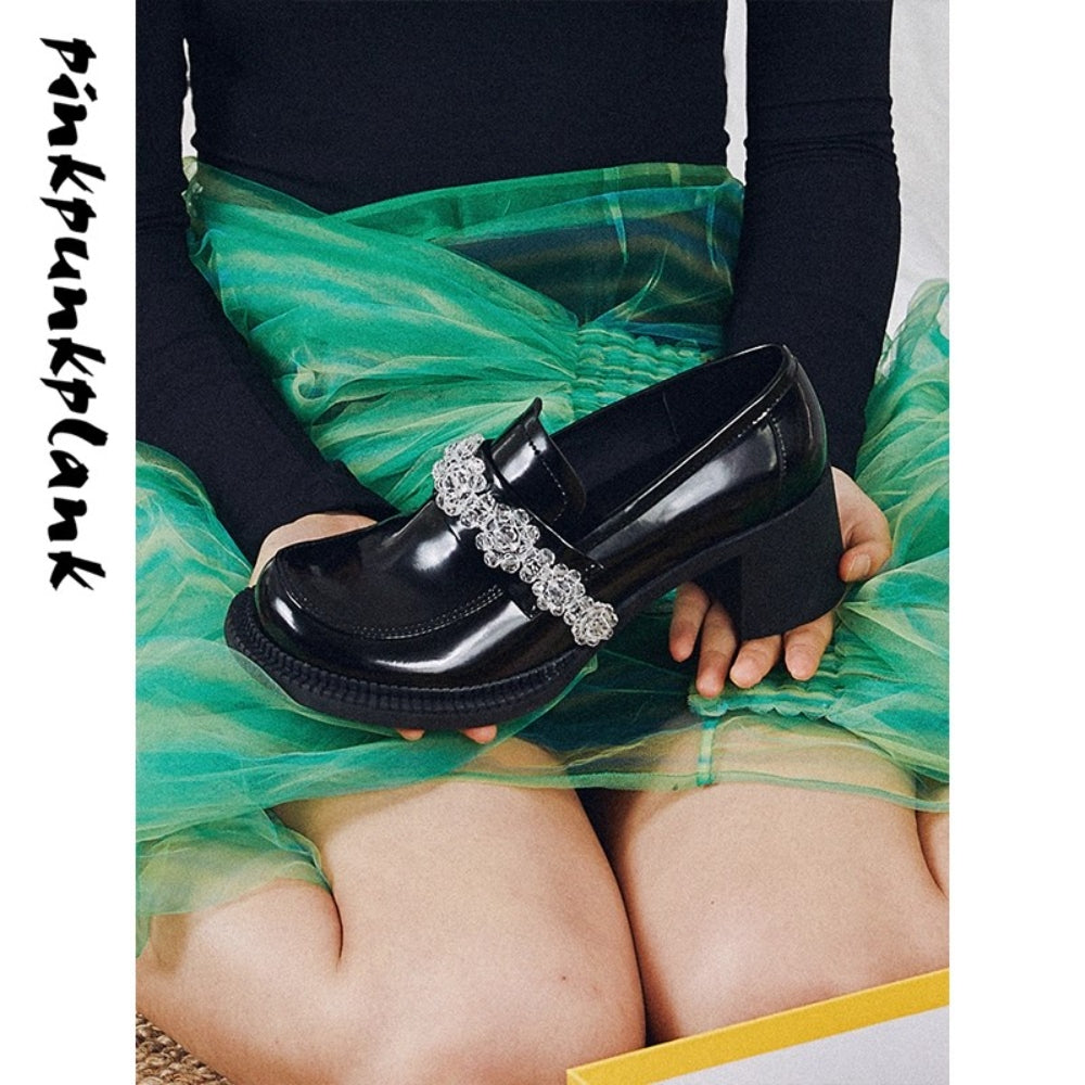 PINKPUNKPLANK crystal ice flower high-heeled big-toe loafers