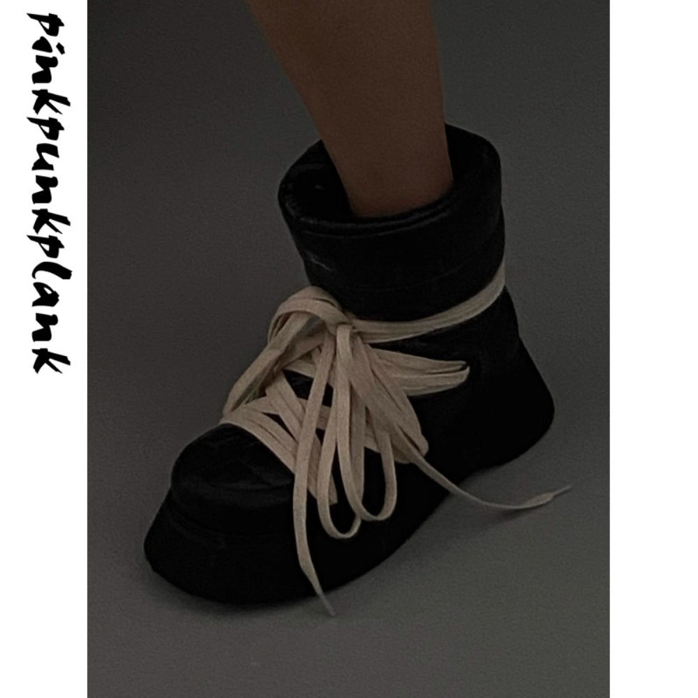 PINKPUNKPLANK thick-soled black nylon lace-up snow boots