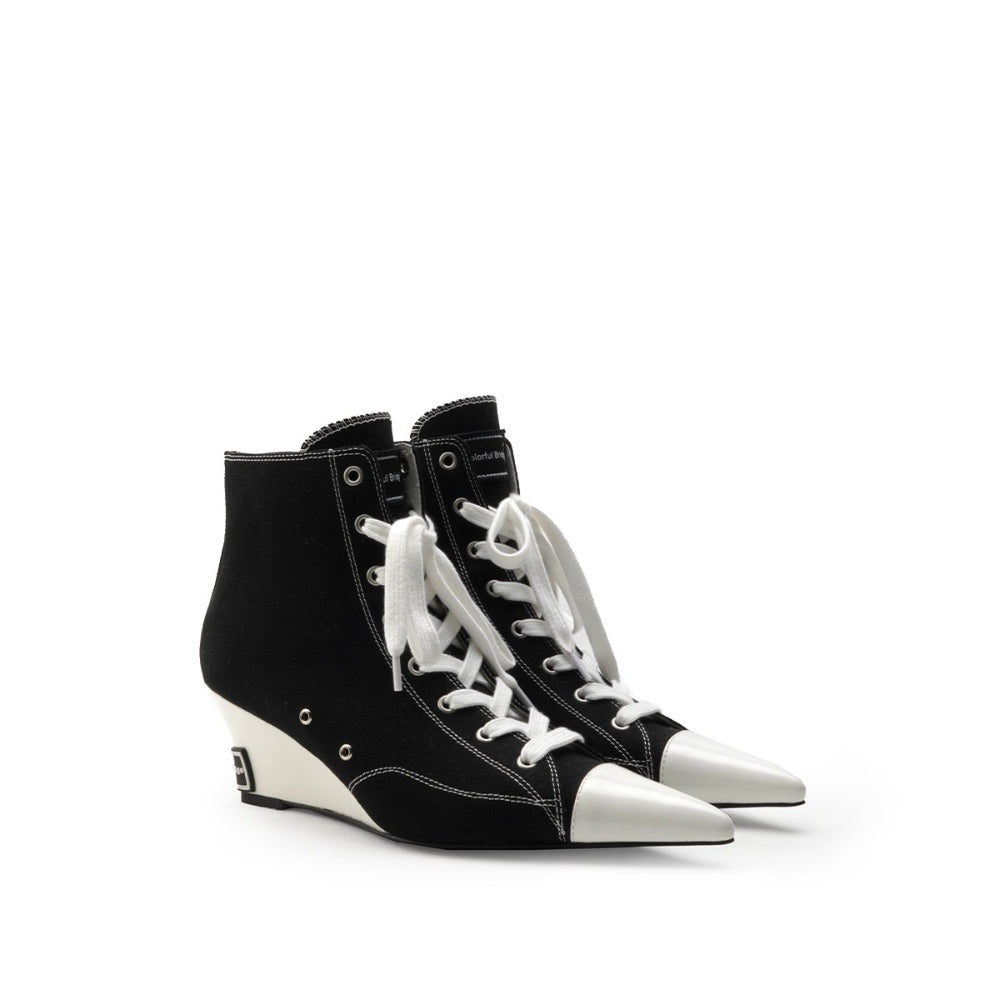 Colorful Bridge丨Designer high-top lace-up canvas shoes with pointed wedge heels and black women's short boots
