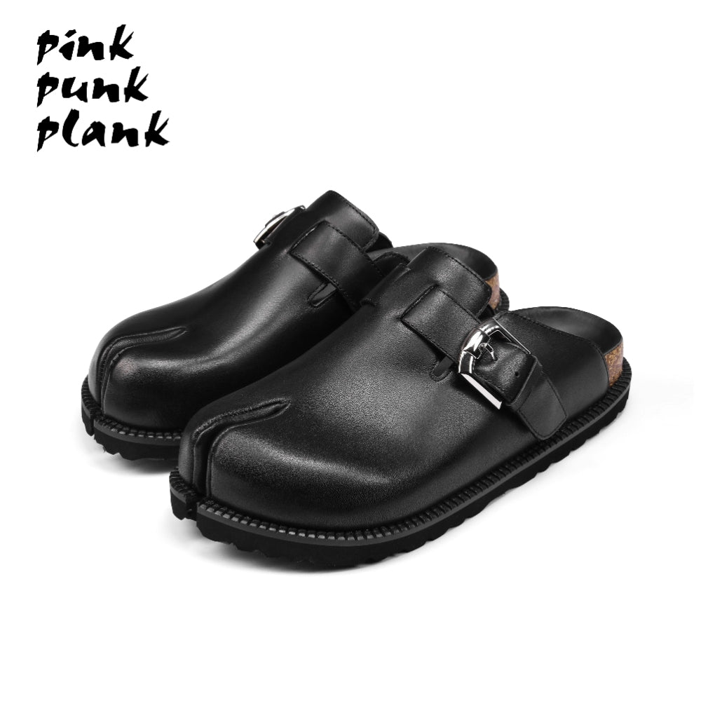 PINKPUNKPLANK black leather platform split-toe Birkenstocks