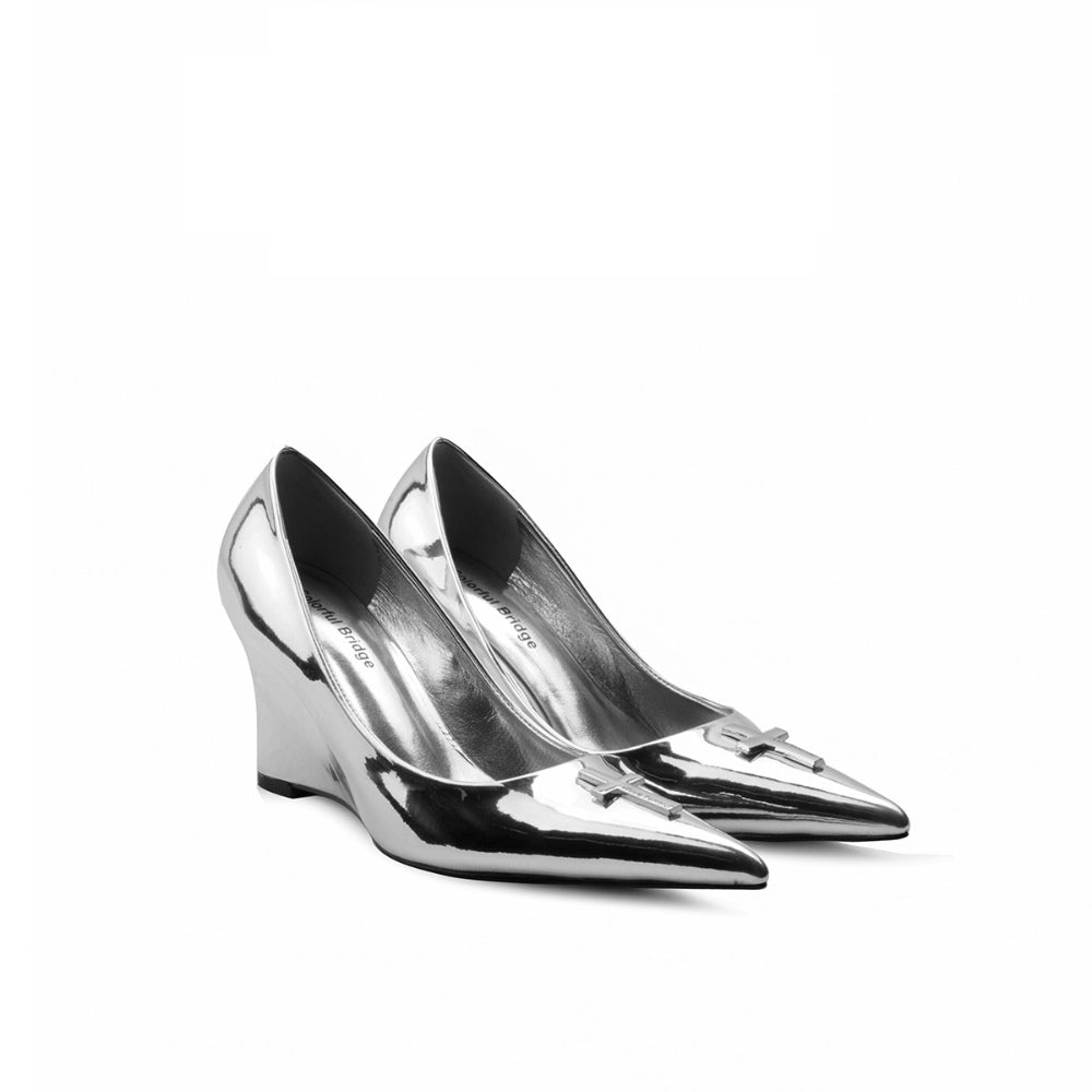 Colorful Bridge丨Crucifix Cross Series Mirror Silver Wedge Heel High Heels Women's Shoes
