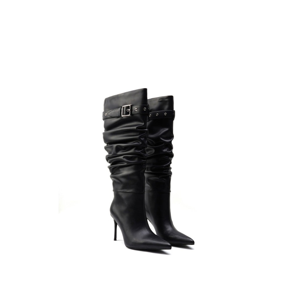 Colorful Bridge丨Pleated pile boots windbreaker boots stiletto pointed toe slip-on black high boots