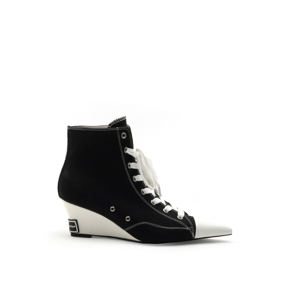 Colorful Bridge丨Designer high-top lace-up canvas shoes with pointed wedge heels and black women's short boots