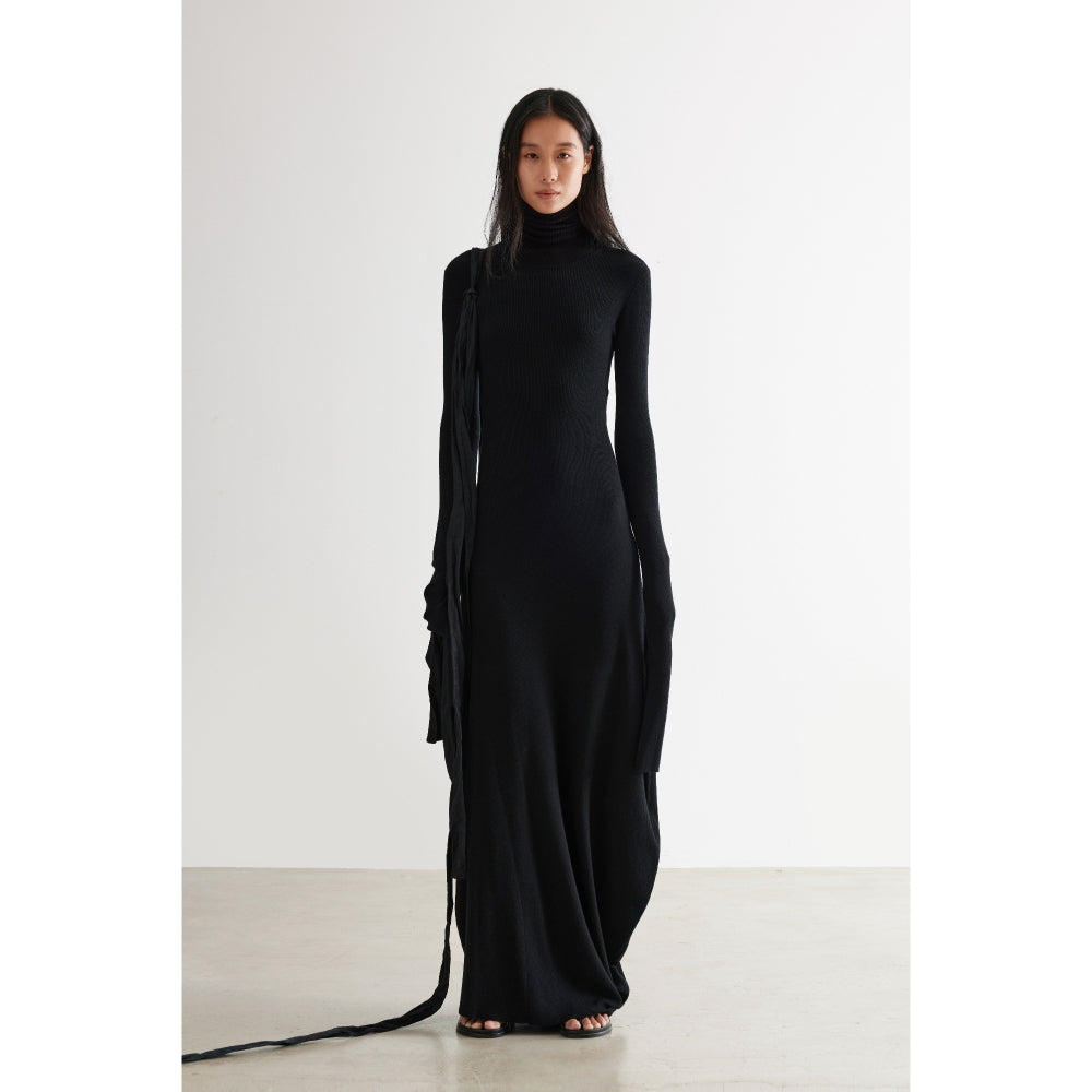 Geometric asymmetric turtleneck knit dress
