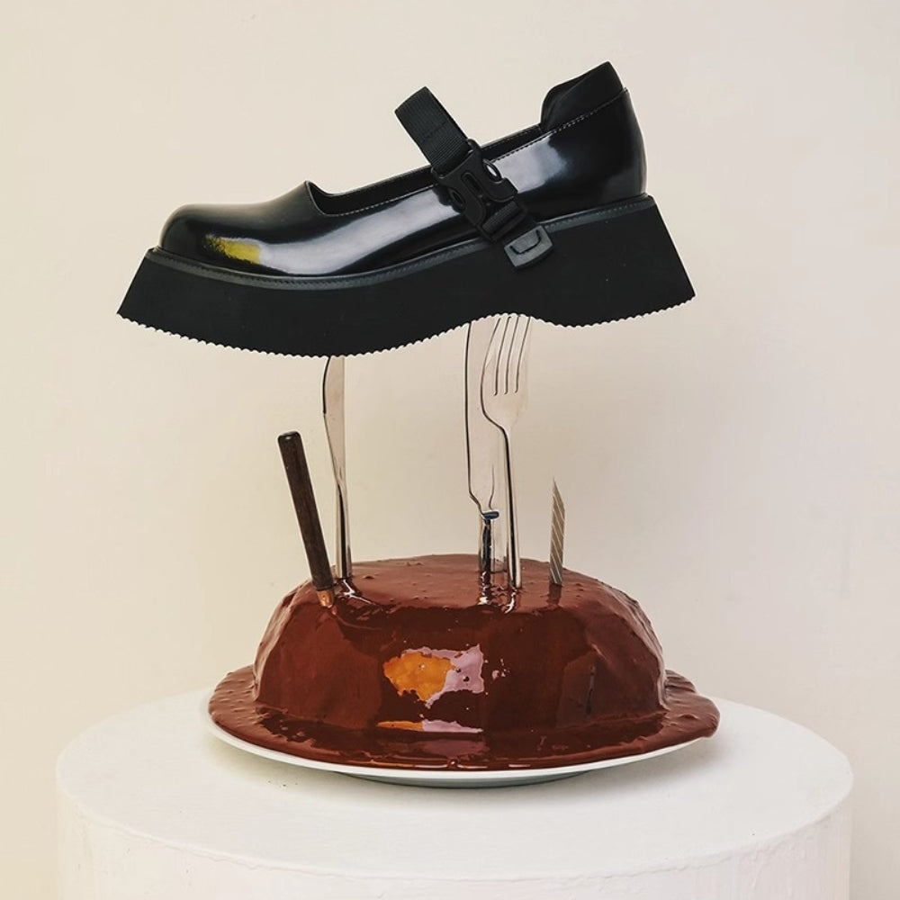 PINKPUNKPLANK bright black functional style buckle big head Mary Jane platform shoes