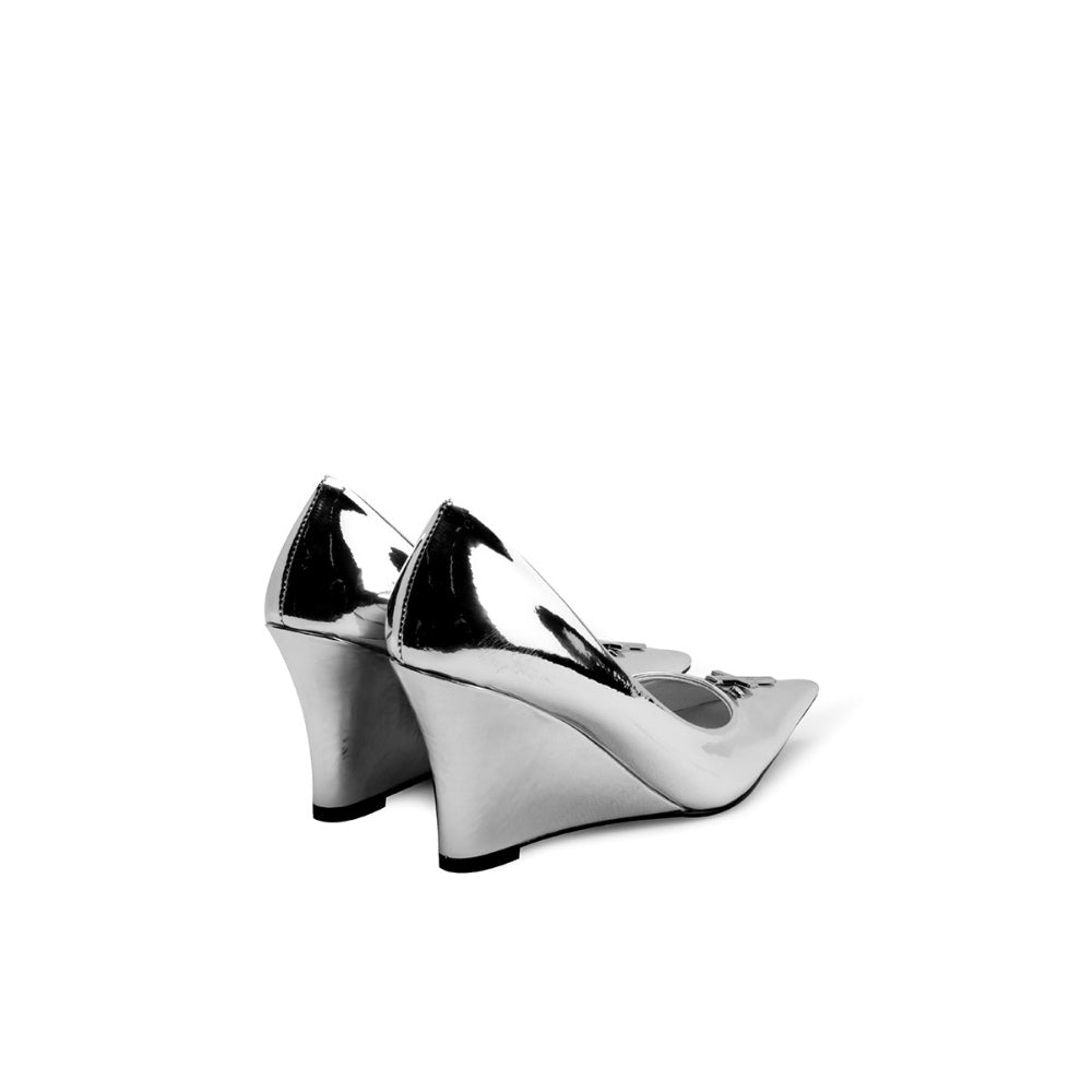 Colorful Bridge丨Crucifix Cross Series Mirror Silver Wedge Heel High Heels Women's Shoes