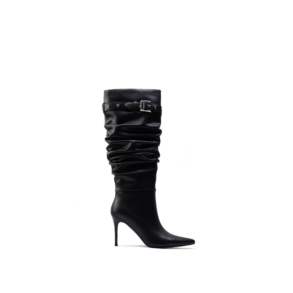 Colorful Bridge丨Pleated pile boots windbreaker boots stiletto pointed toe slip-on black high boots