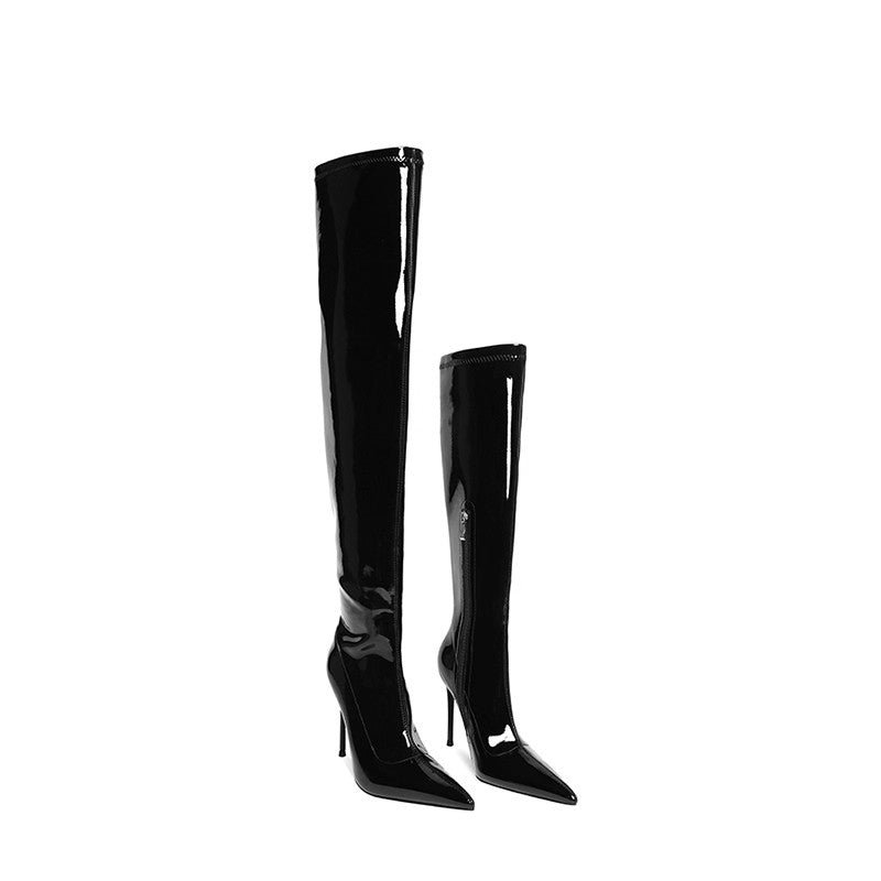 Colorful Bridge丨Over-the-knee boots Patent leather stiletto pointed elastic boots
