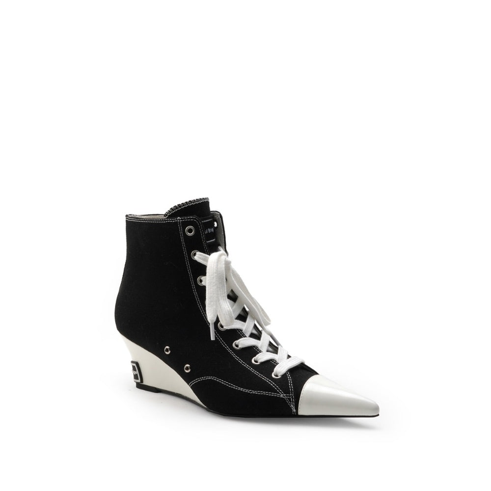 Colorful Bridge丨Designer high-top lace-up canvas shoes with pointed wedge heels and black women's short boots