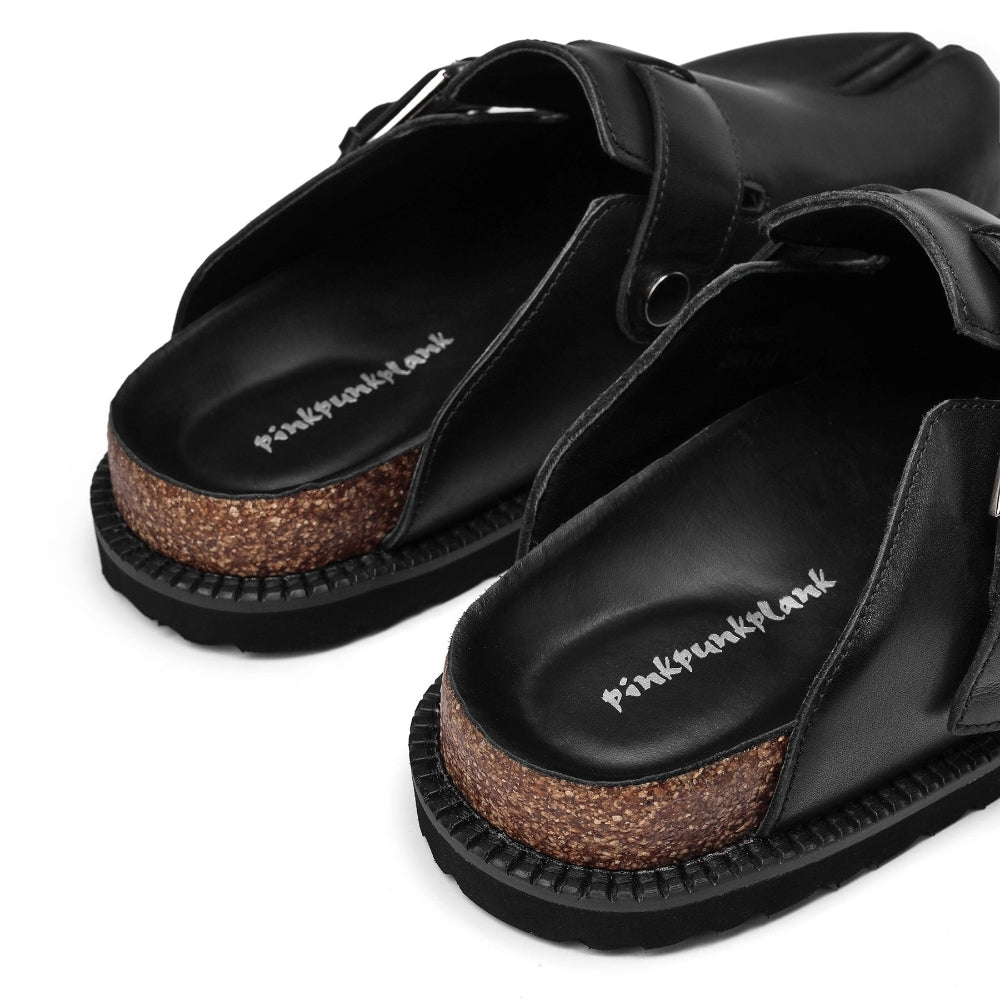 PINKPUNKPLANK black leather platform split-toe Birkenstocks