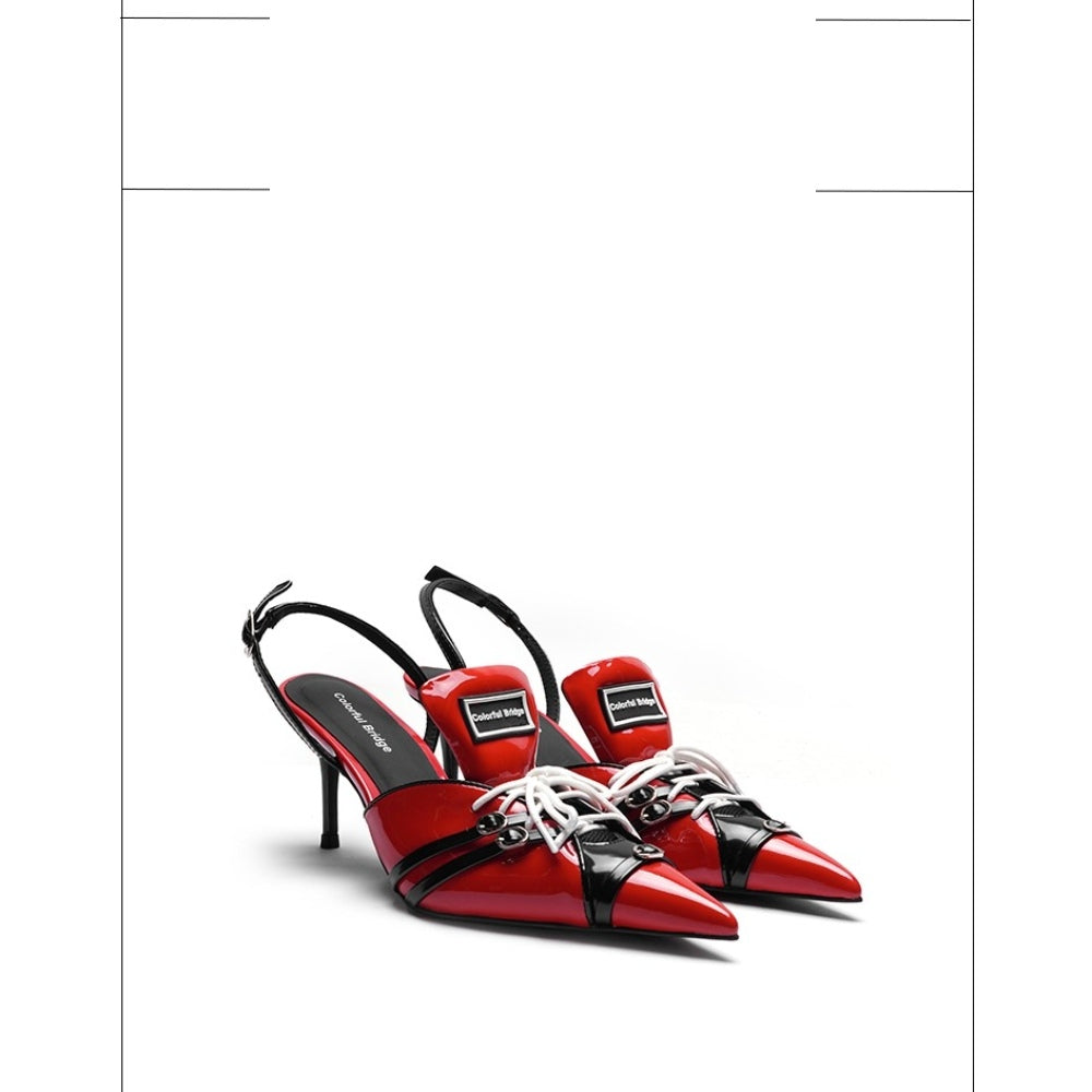 Colorful Bridge丨F1 Racing Series Designer Sports High Heels Pointed Toe Patent Leather Sandals