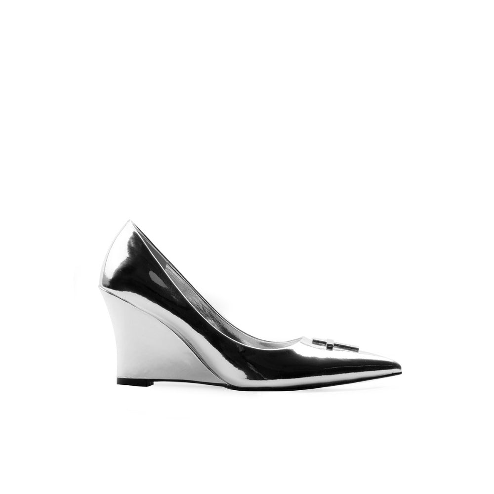 Colorful Bridge丨Crucifix Cross Series Mirror Silver Wedge Heel High Heels Women's Shoes