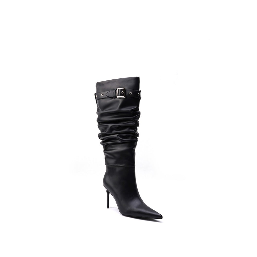 Colorful Bridge丨Pleated pile boots windbreaker boots stiletto pointed toe slip-on black high boots