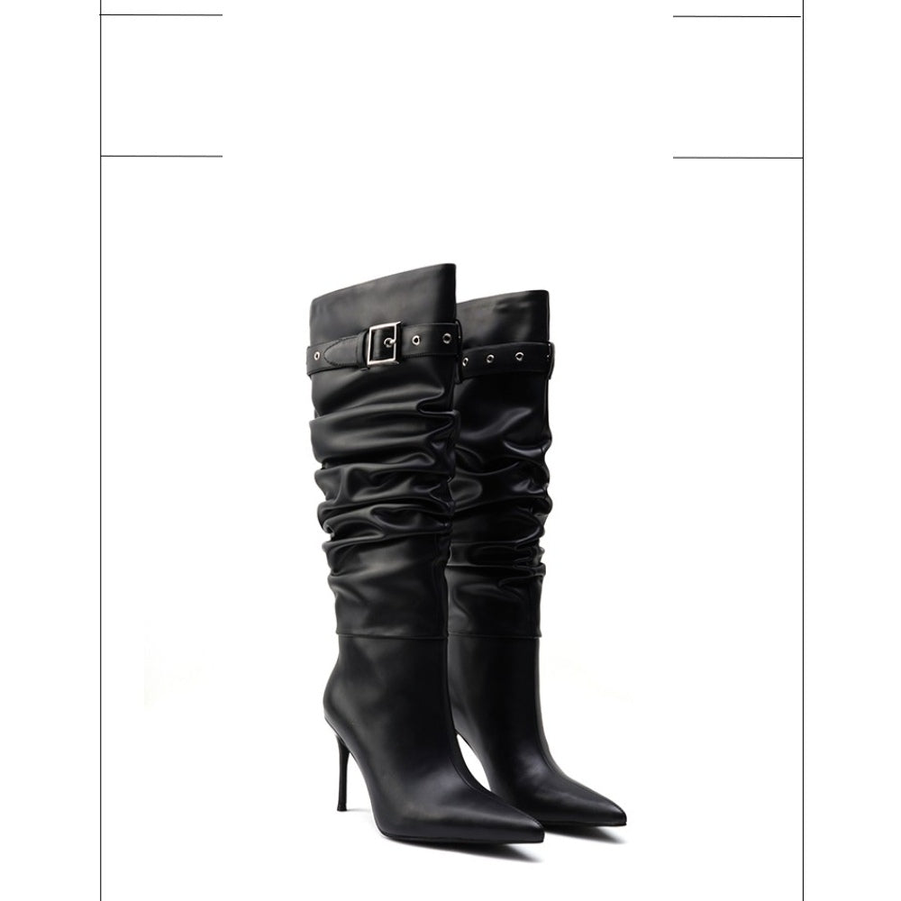 Colorful Bridge丨Pleated pile boots windbreaker boots stiletto pointed toe slip-on black high boots