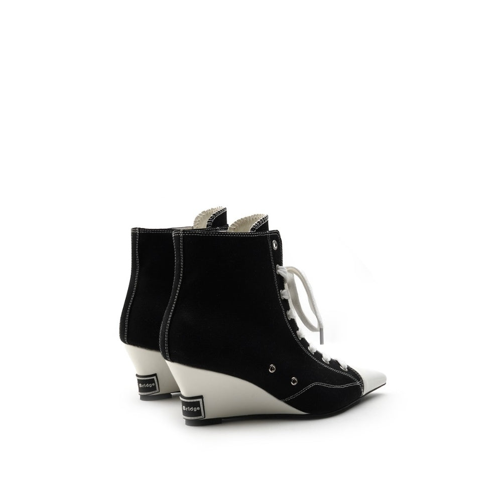 Colorful Bridge丨Designer high-top lace-up canvas shoes with pointed wedge heels and black women's short boots