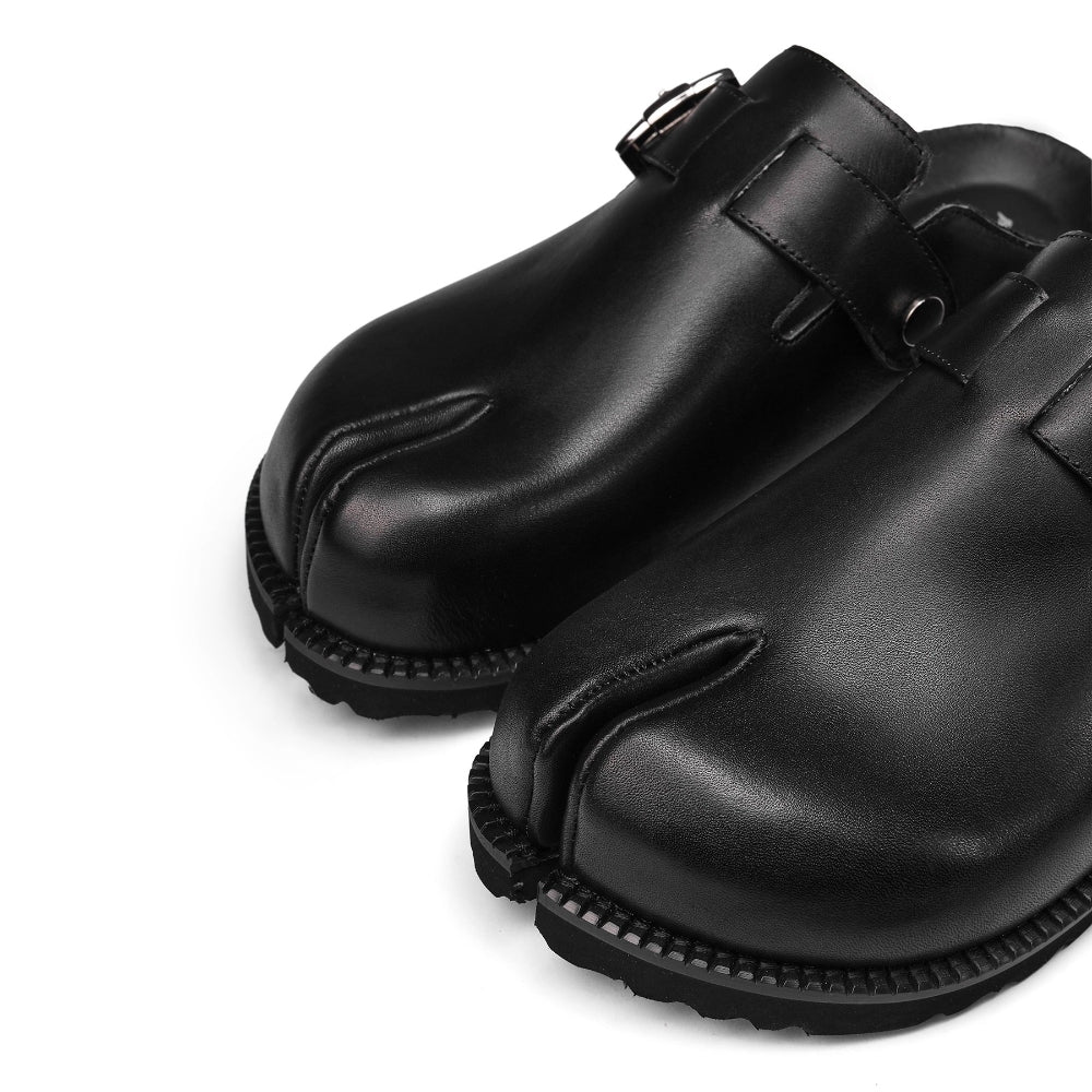 PINKPUNKPLANK black leather platform split-toe Birkenstocks
