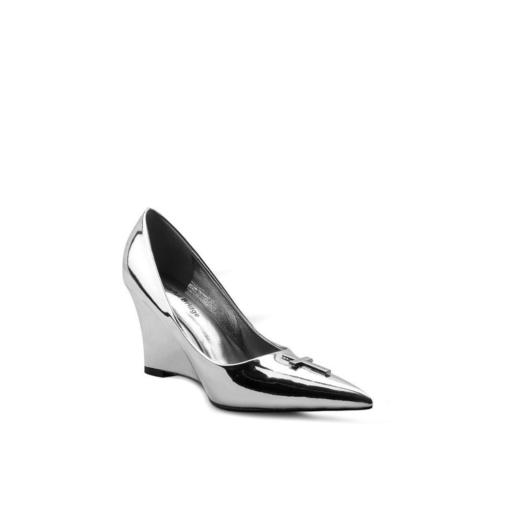 Colorful Bridge丨Crucifix Cross Series Mirror Silver Wedge Heel High Heels Women's Shoes
