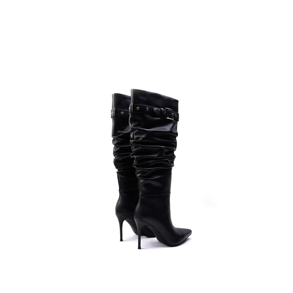 Colorful Bridge丨Pleated pile boots windbreaker boots stiletto pointed toe slip-on black high boots