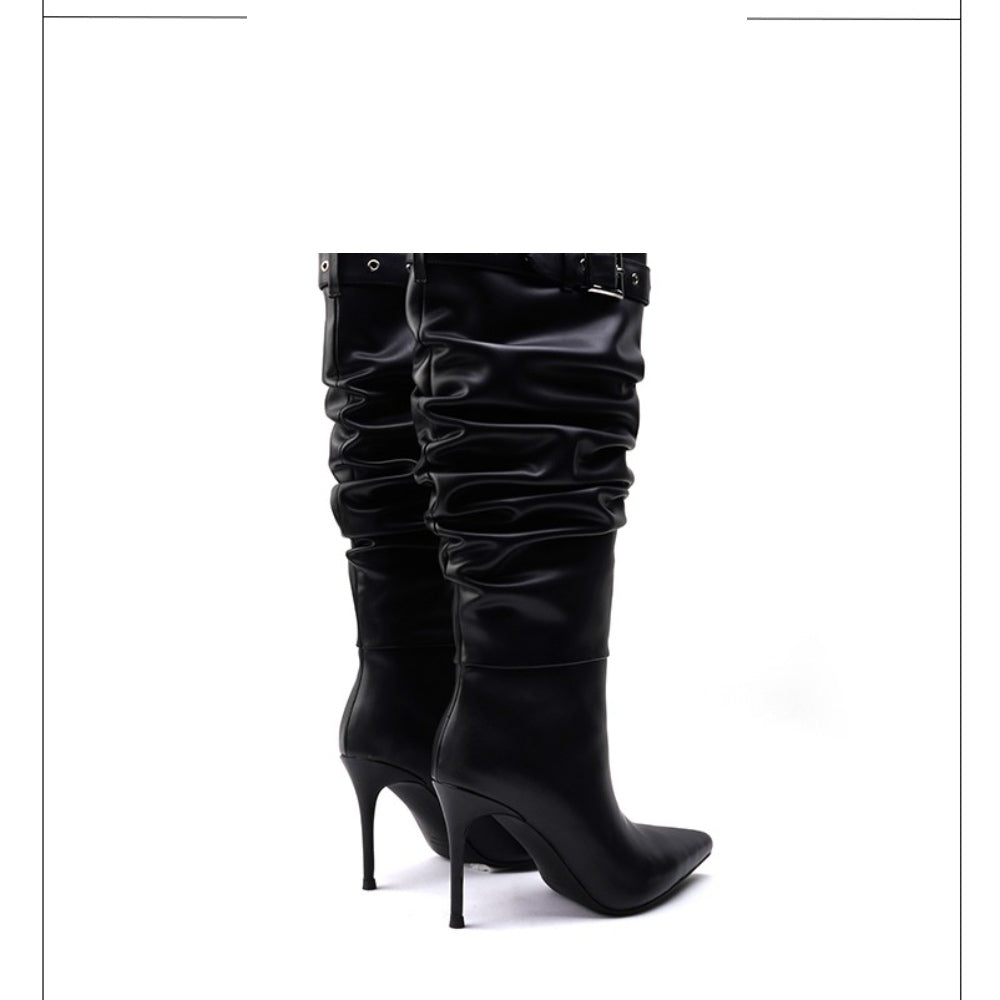 Colorful Bridge丨Pleated pile boots windbreaker boots stiletto pointed toe slip-on black high boots