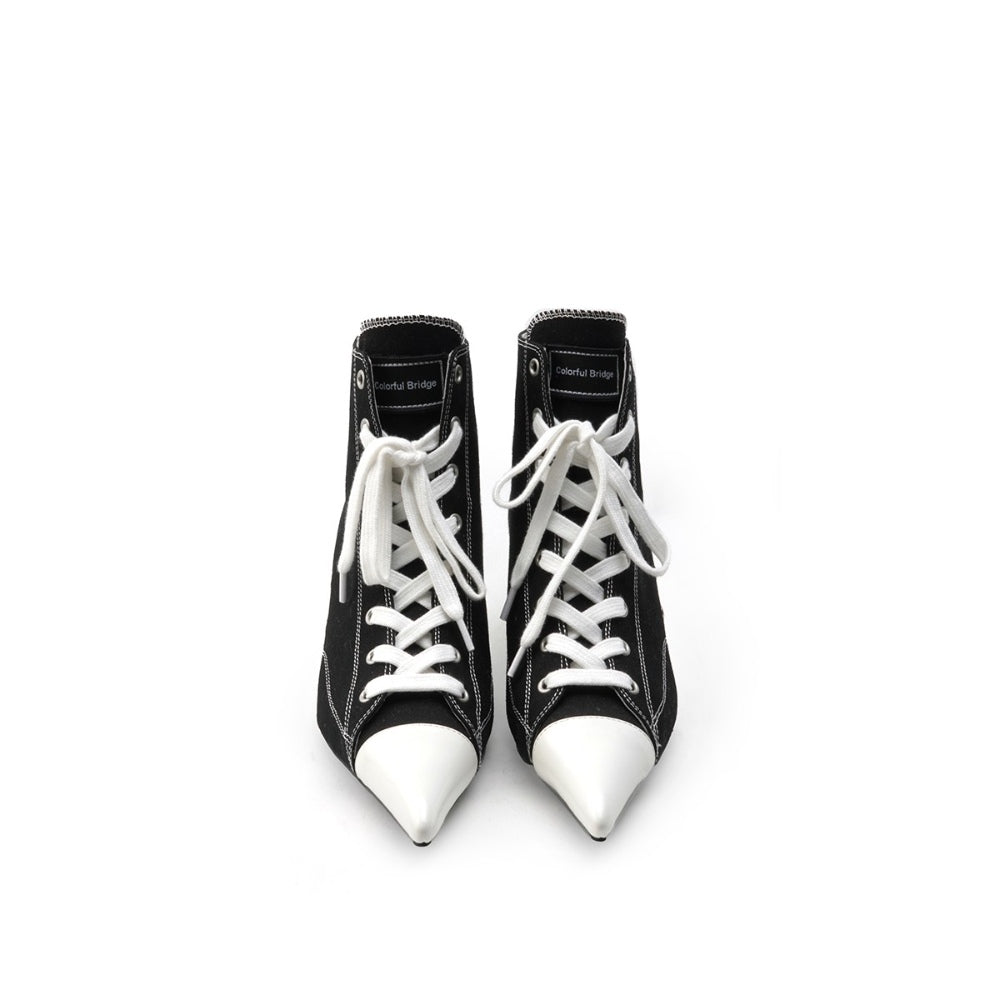 Colorful Bridge丨Designer high-top lace-up canvas shoes with pointed wedge heels and black women's short boots