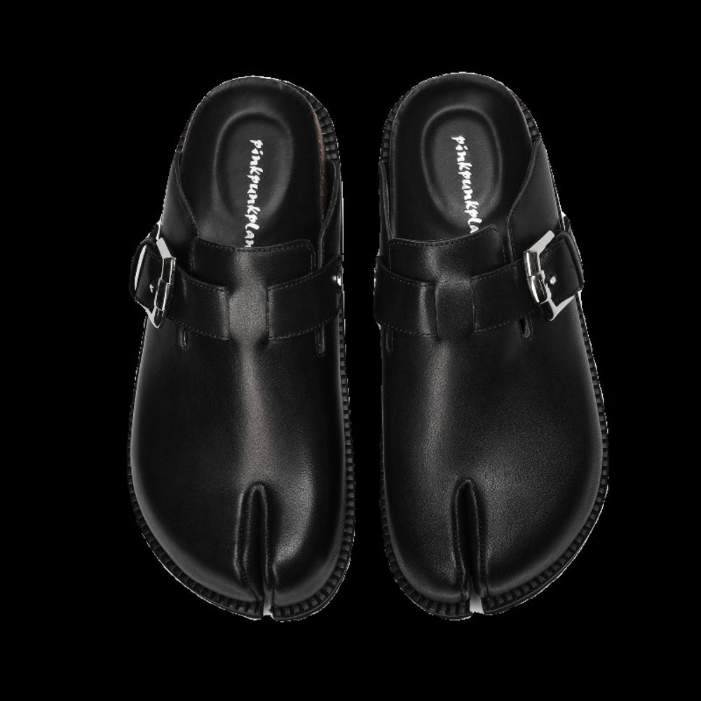 PINKPUNKPLANK black leather platform split-toe Birkenstocks