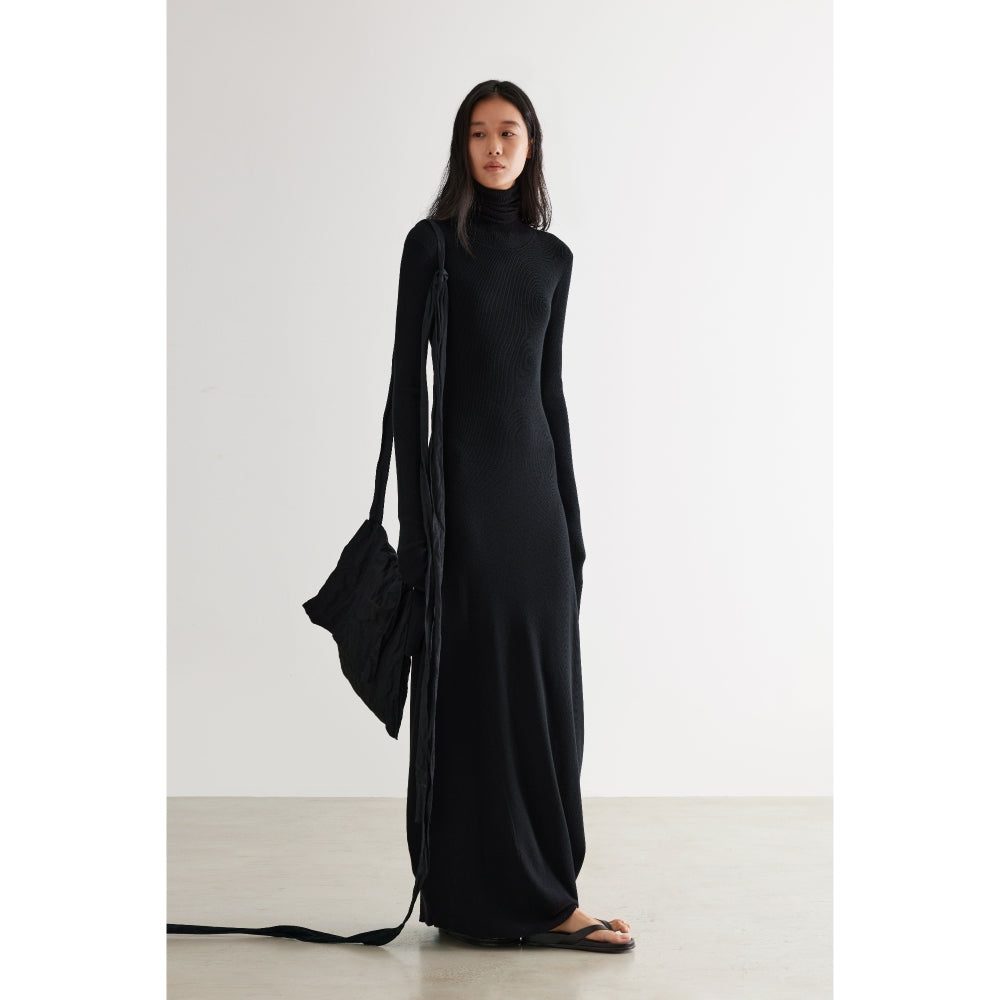 Geometric asymmetric turtleneck knit dress