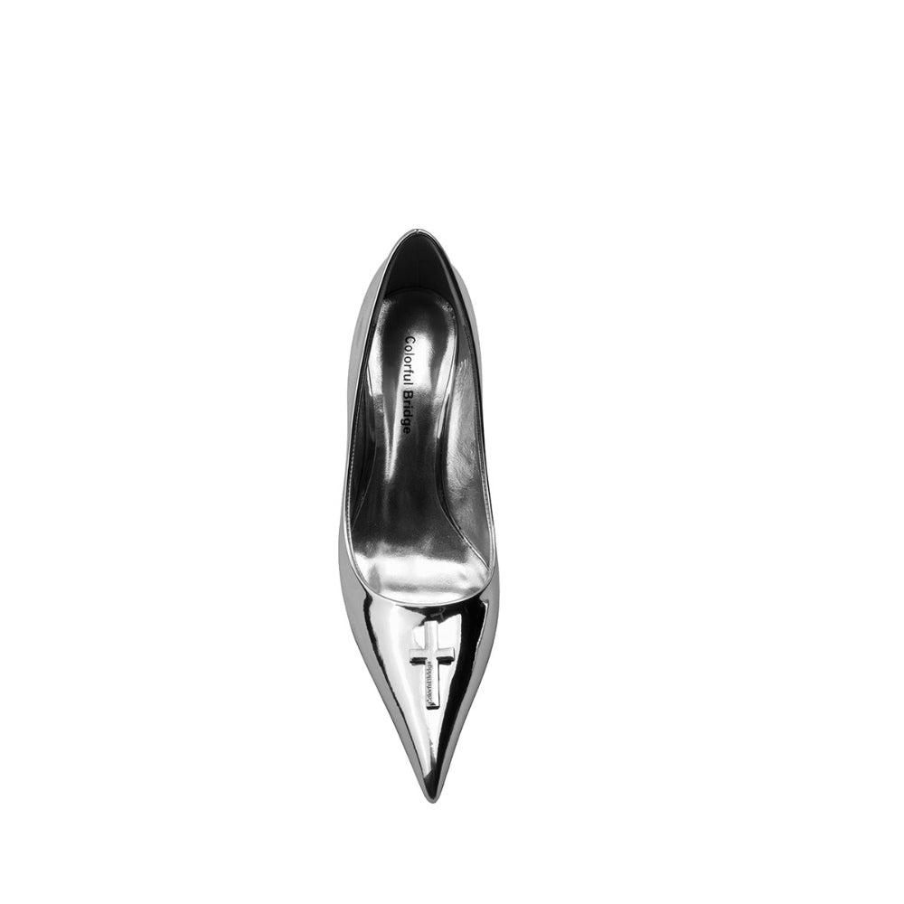 Colorful Bridge丨Crucifix Cross Series Mirror Silver Wedge Heel High Heels Women's Shoes