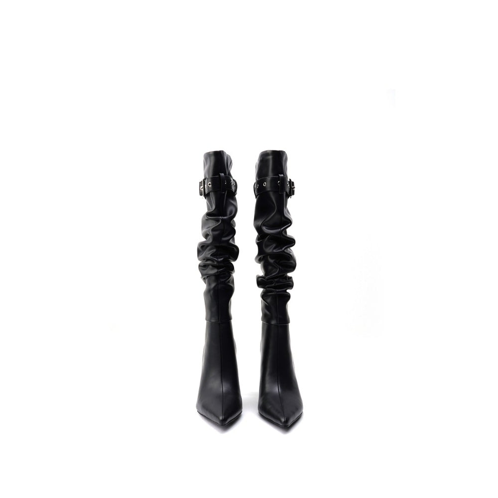 Colorful Bridge丨Pleated pile boots windbreaker boots stiletto pointed toe slip-on black high boots