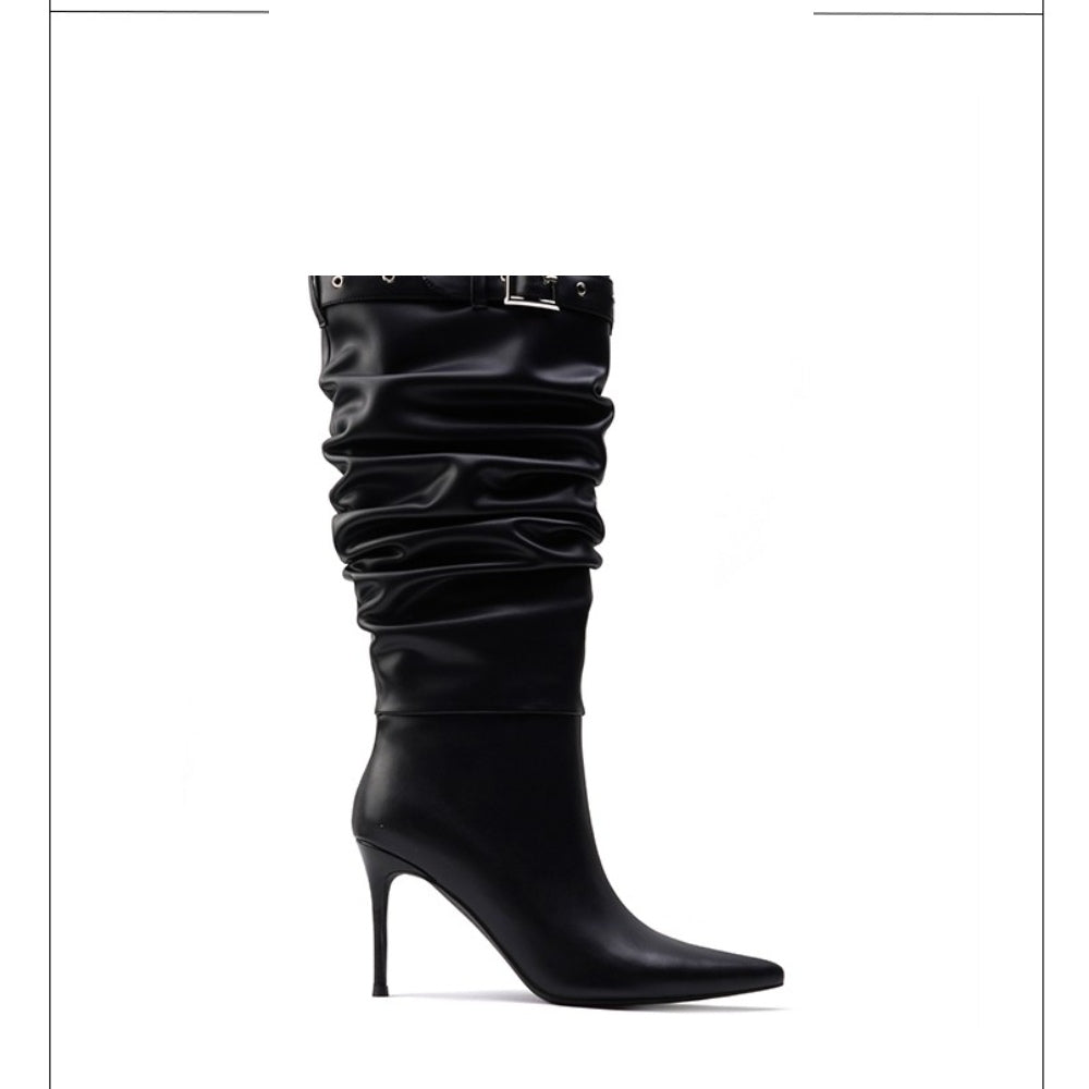 Colorful Bridge丨Pleated pile boots windbreaker boots stiletto pointed toe slip-on black high boots