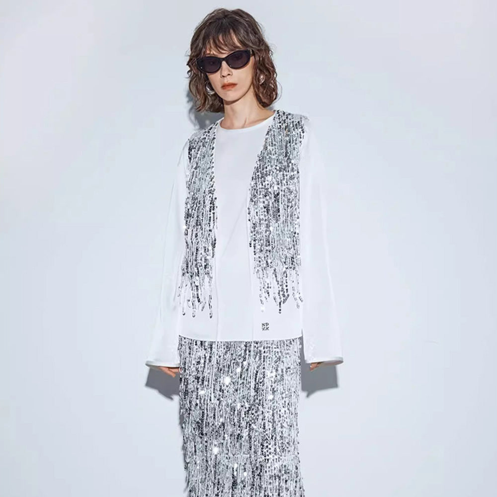 SSPARKLING heavy-duty skirt women's silver evening dress long skirt