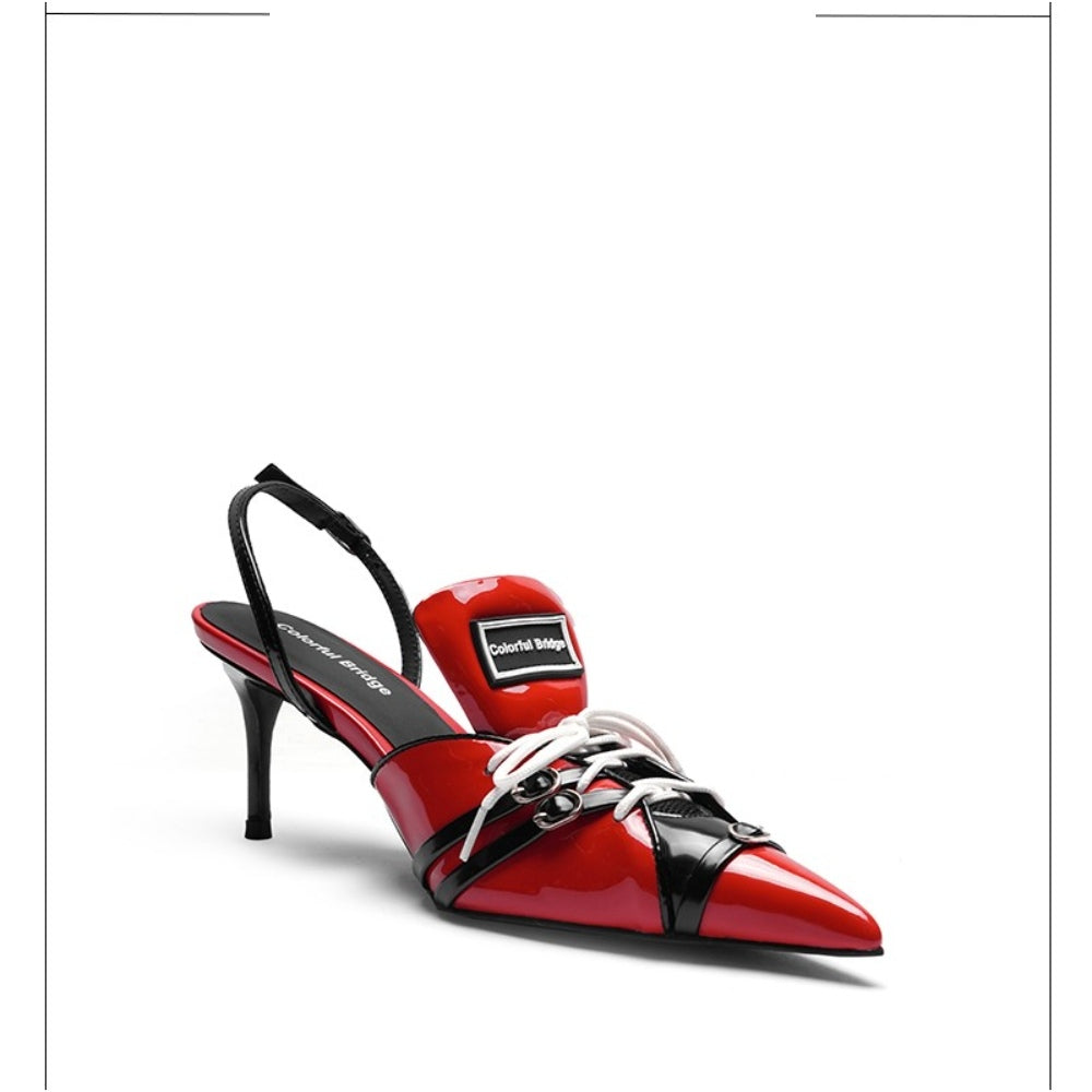 Colorful Bridge丨F1 Racing Series Designer Sports High Heels Pointed Toe Patent Leather Sandals