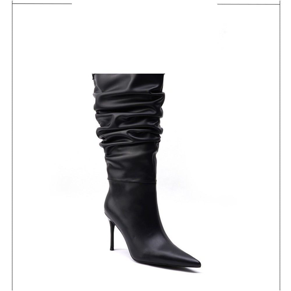 Colorful Bridge丨Pleated pile boots windbreaker boots stiletto pointed toe slip-on black high boots