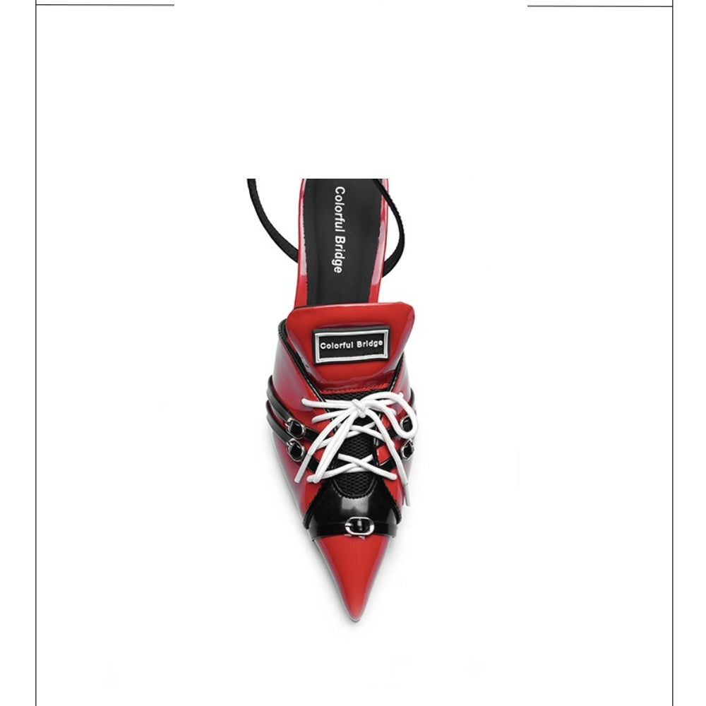 Colorful Bridge丨F1 Racing Series Designer Sports High Heels Pointed Toe Patent Leather Sandals