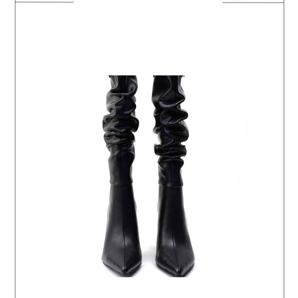 Colorful Bridge丨Pleated pile boots windbreaker boots stiletto pointed toe slip-on black high boots