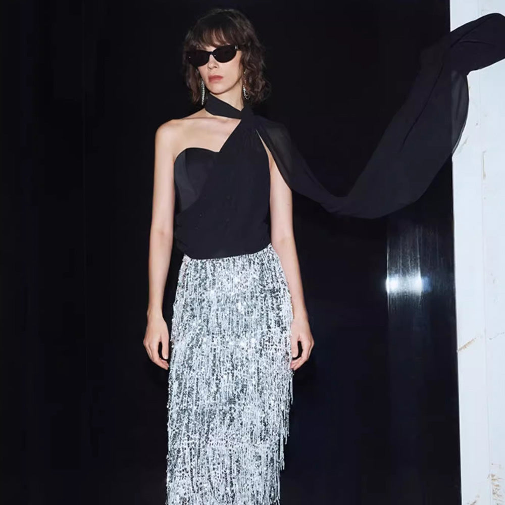 SSPARKLING heavy-duty skirt women's silver evening dress long skirt