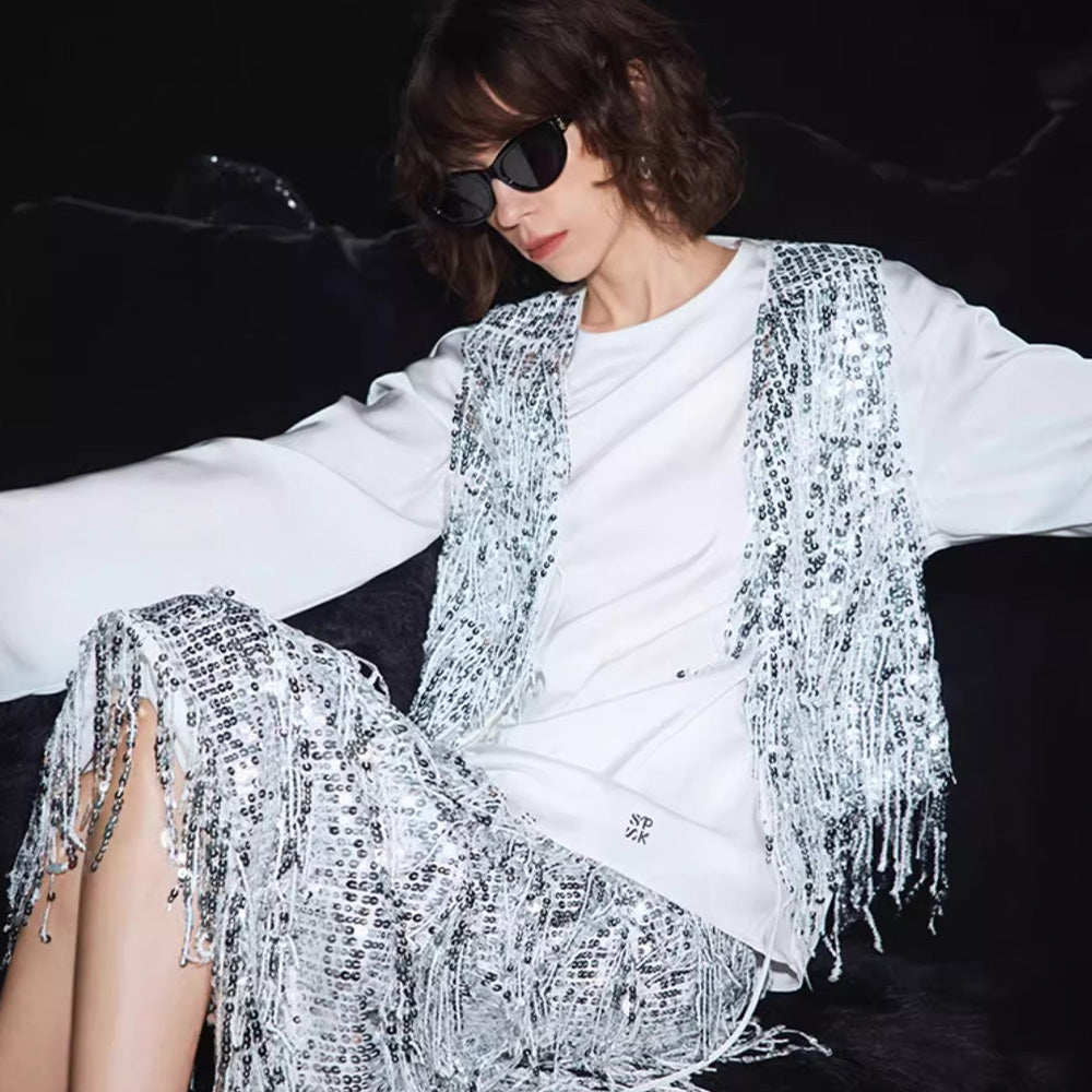 SSPARKLING Super Flash Heavy Tassel Sequined Vest Jacket for Women