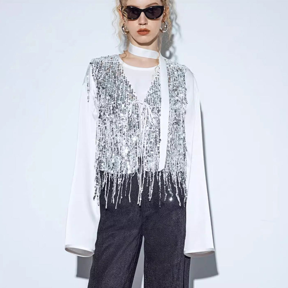 SSPARKLING Super Flash Heavy Tassel Sequined Vest Jacket for Women