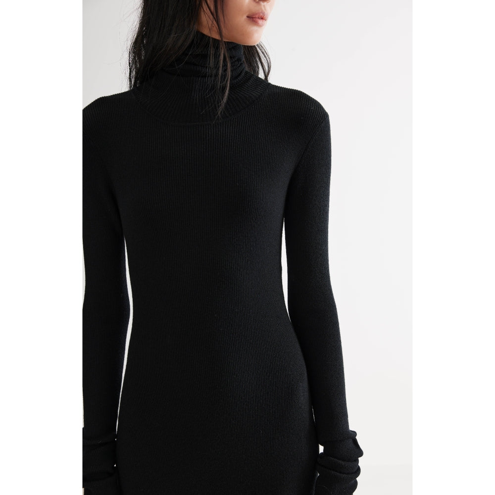 Geometric asymmetric turtleneck knit dress
