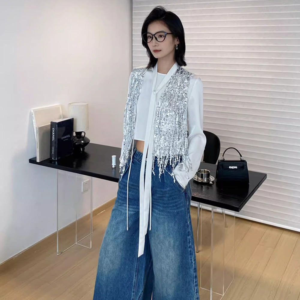 SSPARKLING Super Flash Heavy Tassel Sequined Vest Jacket for Women