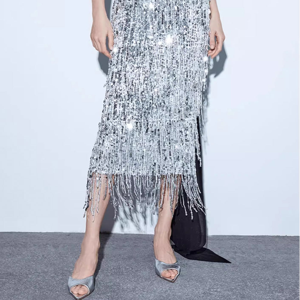 SSPARKLING heavy-duty skirt women's silver evening dress long skirt