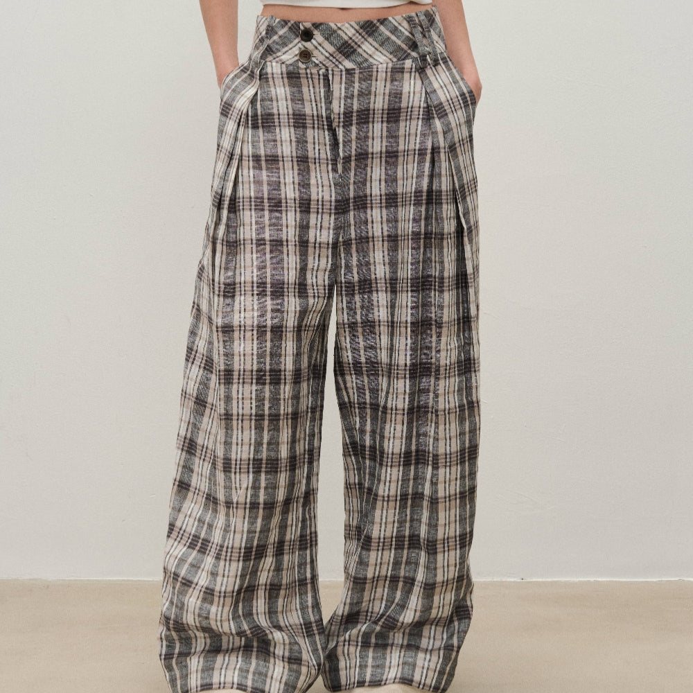 Dpercent丨Linen yarn-dyed fabric double-layer splicing silhouette wide-leg plaid pants