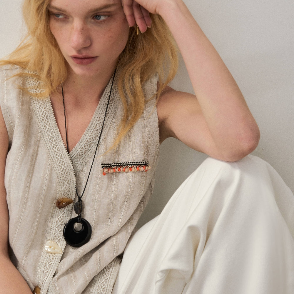 Dpercent丨Natural linen jacquard texture v-neck vest sleeveless top